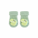 Baby Dino Socks in sage green with a 3D knitted dino face, Socks Up UAE