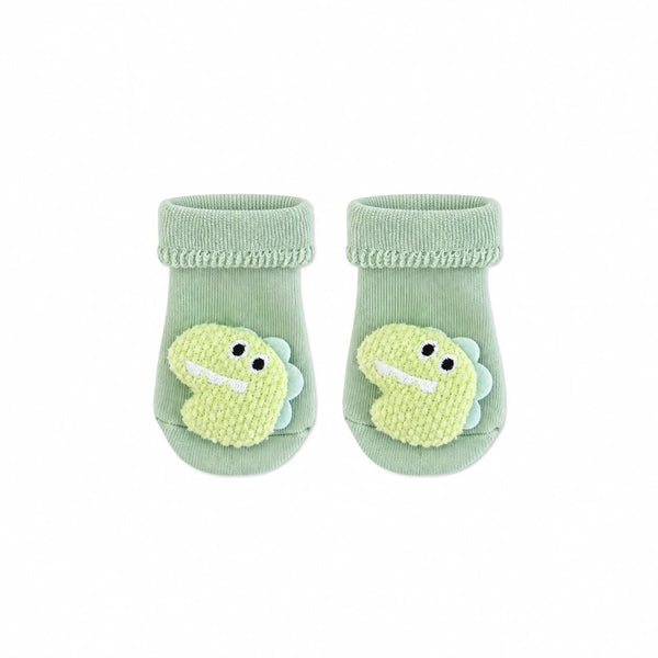 Baby Dino Socks in sage green with a 3D knitted dino face, Socks Up UAE
