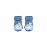 Baby Penguin Socks in denim blue with a 3D knitted penguin face with a crown, Socks Up UAE