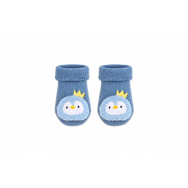 Baby Penguin Socks in denim blue with a 3D knitted penguin face with a crown, Socks Up UAE