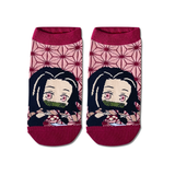 Demon Slayer Nezuko Chibi ankle socks by Socks Up, chibi Nezuko on a pink hemp leaf pattern, pair on white