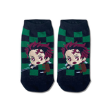 Demon Slayer Tanjiro Chibi ankle socks by Socks Up, chibi Tanjiro on a green and black checks pattern, pair on white