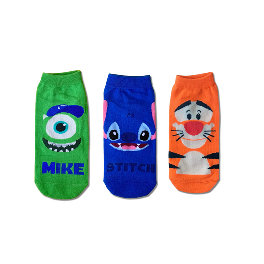 Let the wild rumpus begin with our 3 Pack Stich and Mike! Unisex ankle socks featuring your favorite cartoon characters, Stich, Mike, and Tigger.